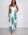 Sleeveless V-neck maxi dress with blue and green floral print on cream base - S / Lake Blue