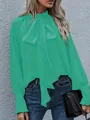 Elegante hellgrüne Stehkragenbluse mit Schleife und langen Puffärmeln für Damen Mode - Cyan