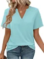 Light blue V-neck short sleeve T-shirt for women showing slim fit and soft fabric texture - Light Blue