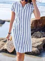 Abito chemisier a righe blu e bianche con bottoni da donna per vacanze al mare - Taglia S / Top / Azzurro
