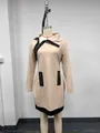 Detail of beige long sleeve dress with contrast black trim and asymmetrical zipper - S / Top And Bottom / Apricot