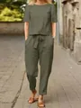 Set casual due pezzi in cotone e lino verde oliva con top girocollo e pantaloni larghi - Taglia S / Top E Pantaloni / Verde militare