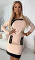 Full view of beige and black color-block long-sleeved dress with chic zipper details - S / Top And Bottom / Off White