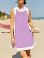Stylish women's casual purple and white color-block sleeveless mini dress for beachwear - S / Top And Bottom / Purple