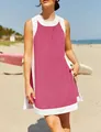Casual pink and white color-block sleeveless summer dress for women shown at a beach - S / Top And Bottom / Rose Red