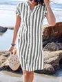 Striped summer shirt dress for women in casual beach setting with woven bag accessory - S / Tops / Gray