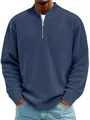 Close-up of men's navy blue ribbed half-zip knit sweater with a stand collar design - S / Tops / Navy Blue