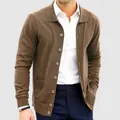 Close-up of men's brown knit cardigan with lapel collar and single-breasted buttons - S / Top (CZ387) / Dark Brown