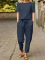 Completo due pezzi in cotone e lino blu navy con maglia a maniche corte e pantaloni estivi. - Taglia S / Top E Pantaloni / Blu navy
