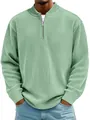 Close-up detail of the ribbed corduroy fabric on a men's sage green quarter-zip polo shirt - S / Tops / Light Green