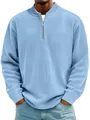 Close-up of light blue ribbed men's pullover with quarter-zip mock neck detail. - S / Tops / Sky Blue