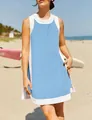 Casual women's blue and white color-block sleeveless beach top and shorts outfit set - S / Top And Bottom / Sky Blue