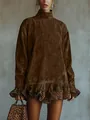 Detailed view of a high-neck velvet brown dress featuring stylish leopard print ruffle hem and cuffs. - S / Top And Bottom / Dark Brown