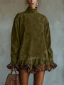 Detail of olive velvet high-neck dress with leopard print ruffle patchwork. - S / Top And Bottom / Army Green