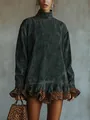 Vintage washed grey high neck long sleeve dress featuring leopard print ruffled hem detail - S / Top And Bottom / Dark Gray
