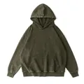 Detailed view of heavy vintage washed dark olive hoodie with distressed wax-dye texture - S / Tops / Army Green