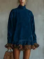 Elegant deep blue velvet high neck dress featuring stylish leopard print ruffle hem and cuffs - S / Top And Bottom / Dark Blue