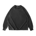 Vintage acid-washed oversized long-sleeve cotton T-shirt in charcoal black for streetwear - M / Tops / Black
