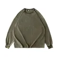 Oversized washed distressed cotton long-sleeve T-shirt in vintage olive grey style - Army Green