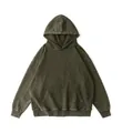 Heavyweight dark olive green acid-washed oversized hoodie with retro wax-dyed texture - Army Green