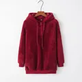Front view of burgundy women's long sleeve fleece hooded sweatshirt with half-zip - Burgundy