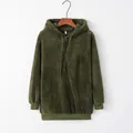 Women's forest green fuzzy fleece hoodie with half-zip and drawstring closure - S / Tops / Army Green