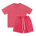 Washed distressed red oversize T-shirt and shorts set in 250G heavy cotton fabric - 3XL / Top And Bottom / Red