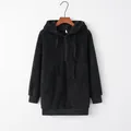 Women's solid black fuzzy fleece long sleeve hooded sweatshirt with half-zip closure - S / Tops / Black