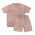 Oversized vintage washed dusty rose T-shirt and drawstring shorts set in heavy 250g cotton. - Brown