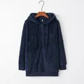 Comfortable soft navy blue fuzzy fleece hooded sweatshirt for women with partial zip - S / Tops / Sapphire Blue