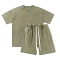 Vintage acid wash 250G heavy cotton oversized t-shirt and matching shorts set - S / Top And Bottom / Army Green