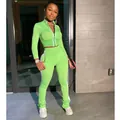 Neon green two-piece tracksuit set with white side stripes and stacked leggings - S / Top And Bottom / Fluorescent Green