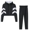 Black women's two-piece tracksuit set with hooded cropped sweatshirt and side-striped joggers - S / Top And Bottom / Black