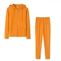Front view of bright orange two-piece hooded zip-up sweatshirt and matching pants - S / Top And Bottom / Yellow
