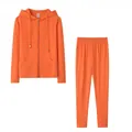 Two-piece vibrant orange activewear set featuring a zip-up hoodie and matching leggings. - S / Top And Bottom / Orange