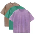 Set of 3 heavyweight 230g cotton distressed acid washed t-shirts in premium earth tones. - S / Tops / 3-Pack / Combo Color 4 (Tan/Emerald Green/Grey Purple)