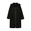 Chaqueta larga con capucha y cremallera de color negro para mujer con bolsillos grandes - S / Tops / Negro