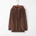 Cozy minimalist brown women's long sleeve fuzzy fleece hooded sweatshirt with half-zip - Brown