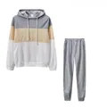 Women's trendy color-block hooded sweatshirt and grey jogger pants two-piece lounge set - S / Top And Bottom / Apricot
