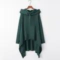 Dark green oversized hooded sweatshirt with an asymmetrical cape-style hem and front pocket. - S / Tops / Dark Green