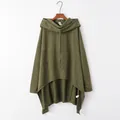 Oversized olive green hooded sweatshirt with high-low irregular hem and pocket - S / Tops / Army Green
