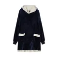 Oversized navy blue sherpa-lined wearable blanket hoodie with contrast white trim details - One Size / Tops / Dark Blue