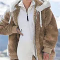 Women's cozy brown fleece hooded jacket with white lining and zipper for winter - S / Tops / Khaki