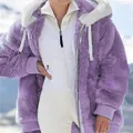 Women's loose lavender plush hooded jacket with zipper for winter outdoor comfort - S / Tops / Purple