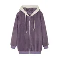Detailed view of warm oversized purple plush zip-up hoodie with white fur lining - S / Tops / Purple