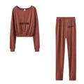 Zweiteiliges Damen-Trainingsanzug-Set aus geripptem Stoff mit Lucky Label-Details - Kaffeebraun
