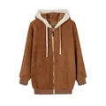 Oversized brown fuzzy zip-up hoodie with a soft white fleece-lined hood detail - S / Tops / Khaki