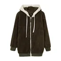 Detail of olive green fuzzy hooded jacket with white zip and soft plush texture - S / Tops / Army Green