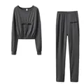 Ensemble deux pièces gris côtelé avec broderie Lucky Label et haut court élastique - S / Haut Et Bas / Gris