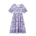 Purple and white floral print short sleeve V-neck midi dress for a summer look - S / Tops / Purple